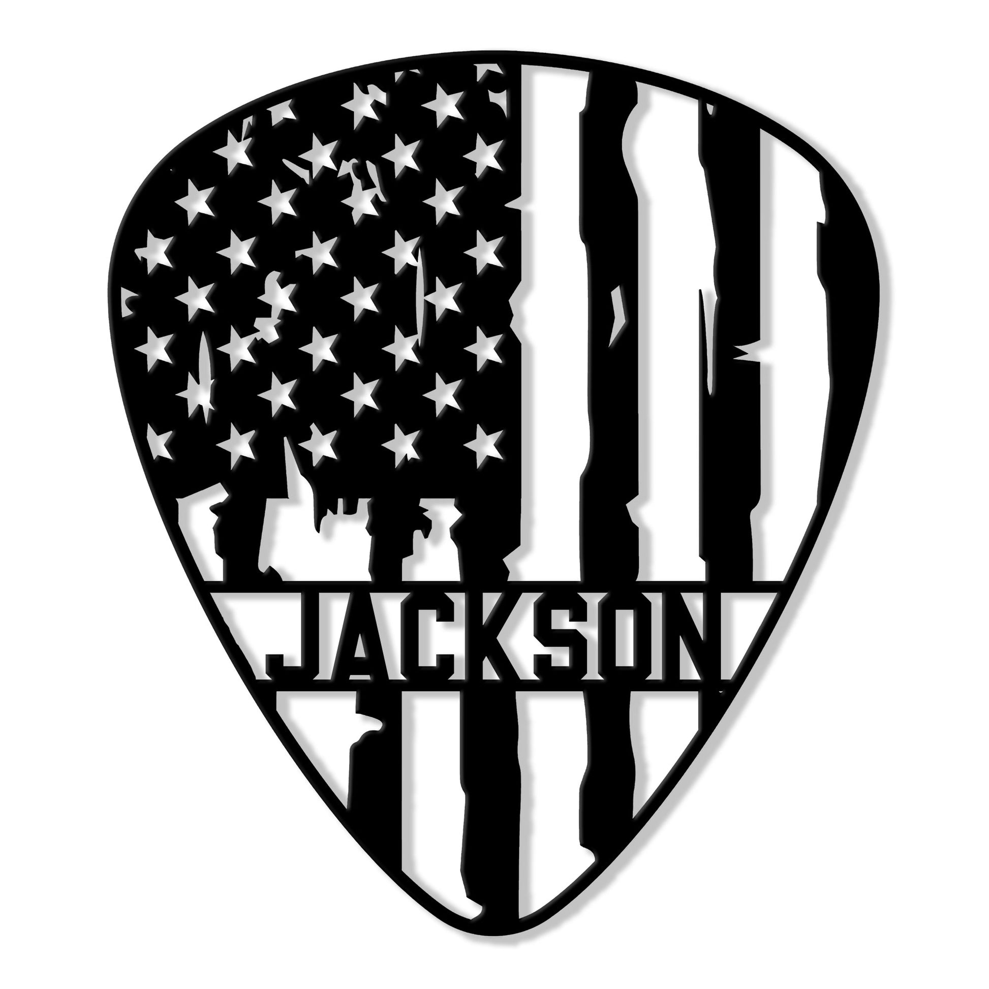 Patriotic guitar pick metal sign with stars and stripes design for custom music room wall decor