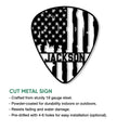 Guitar pick metal sign product graphic highlighting cut-metal construction and indoor or outdoor display options