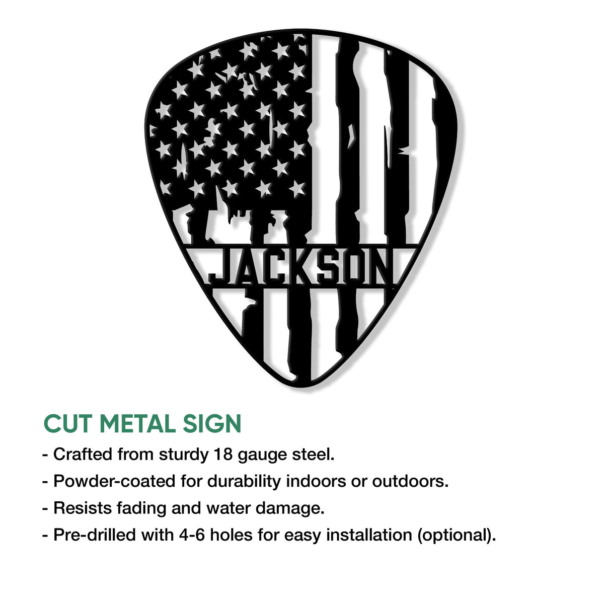 Guitar pick metal sign product graphic highlighting cut-metal construction and indoor or outdoor display options