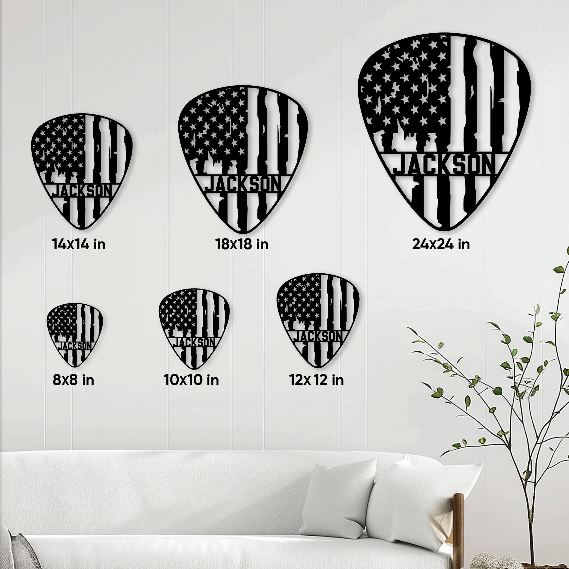 Guitar pick metal sign size guide showing available sizes from 8 by 8 to 24 by 24 inches