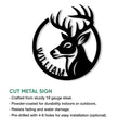 Buck deer metal sign feature graphic showing cut steel construction and hanging options