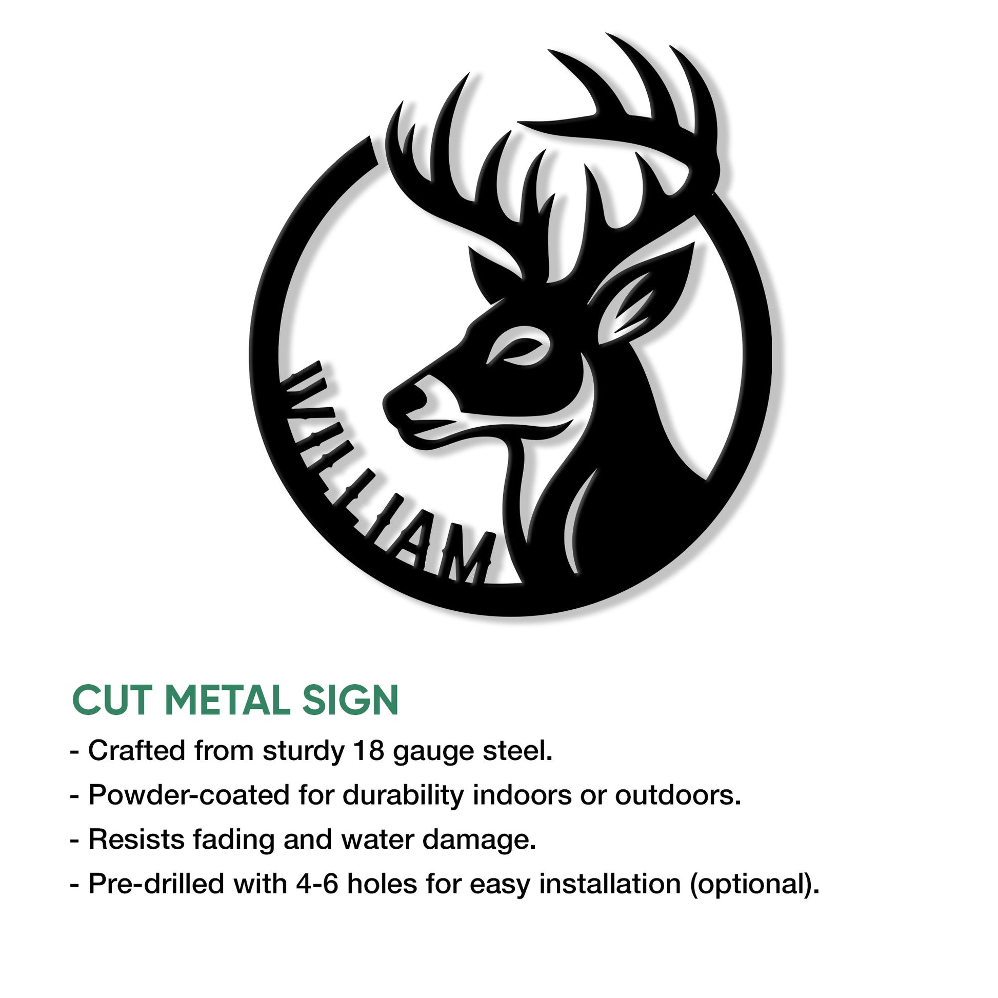 Buck deer metal sign feature graphic showing cut steel construction and hanging options