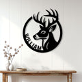 Black buck deer hunting sign displayed on a white paneled wall above a wood console