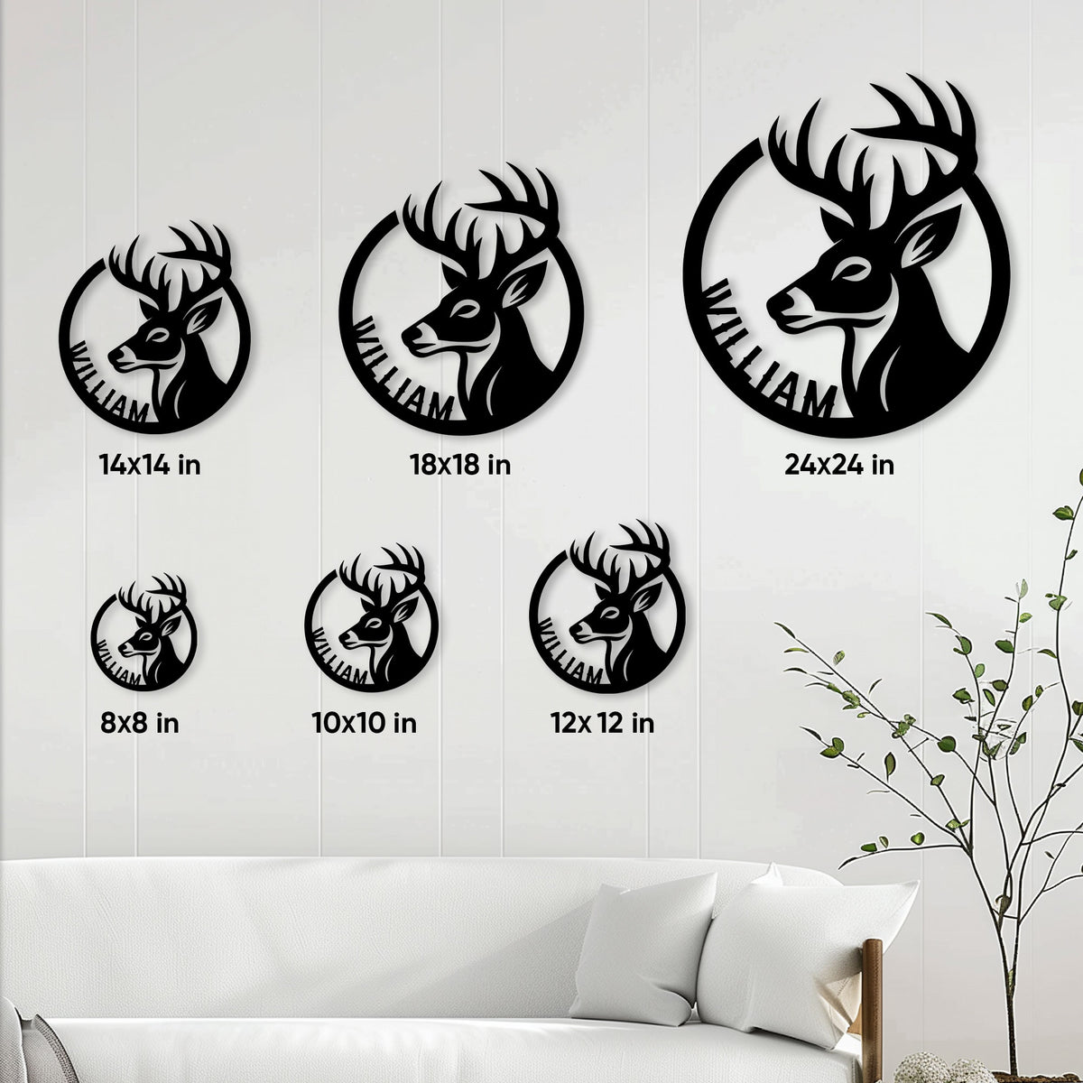 Deer hunting metal sign size guide showing round options from 8 by 8 to 24 by 24 inches