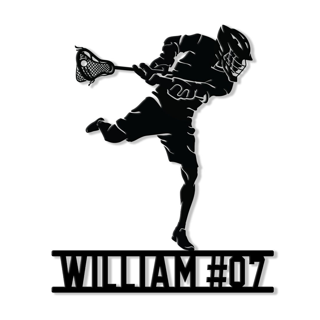 Lacrosse metal sign featuring a helmeted player in action with a raised lacrosse stick