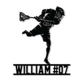 Lacrosse metal sign featuring a helmeted player in action with a raised lacrosse stick