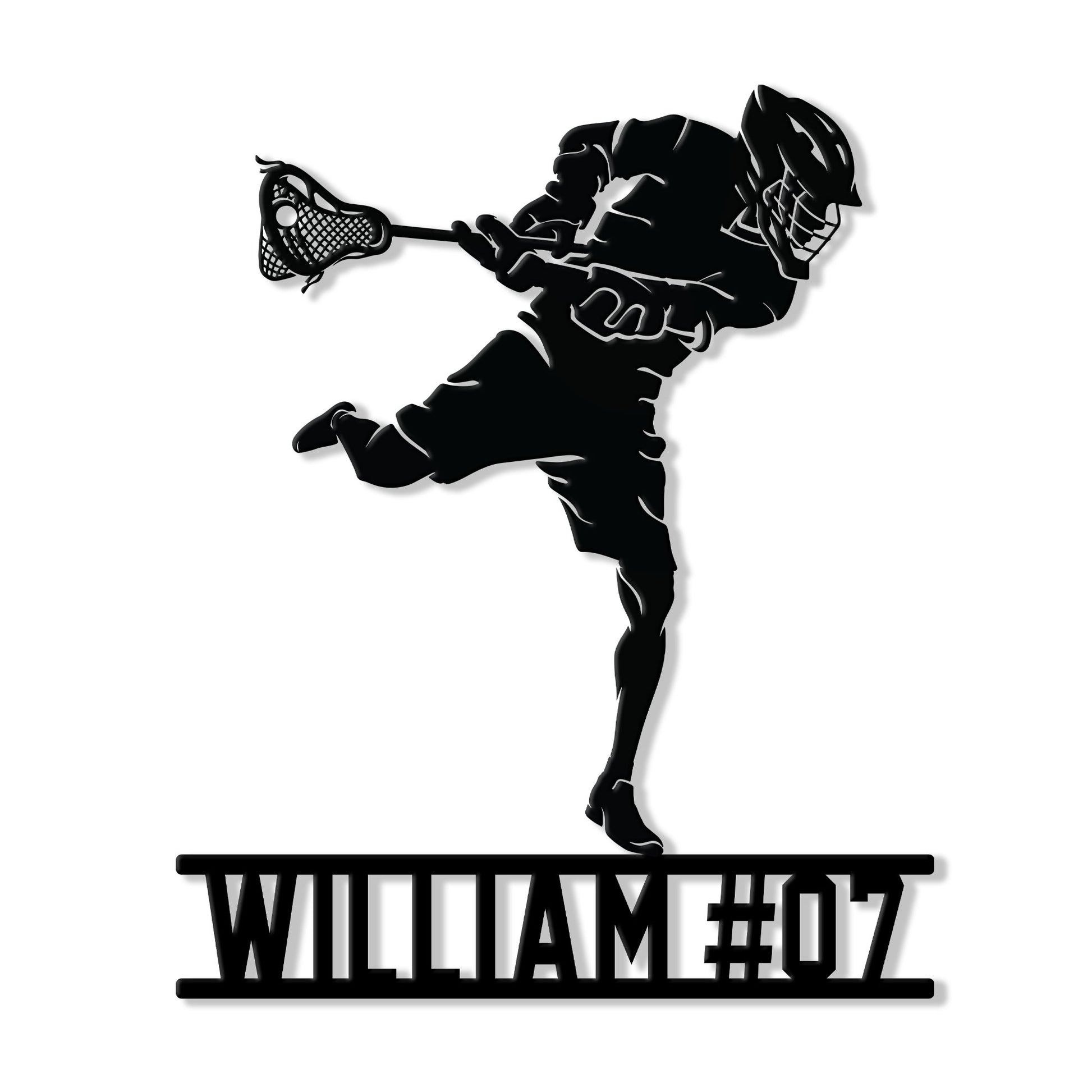 Lacrosse metal sign featuring a helmeted player in action with a raised lacrosse stick