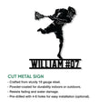 Cut metal lacrosse sign showing an athletic player silhouette and detailed lacrosse stick design
