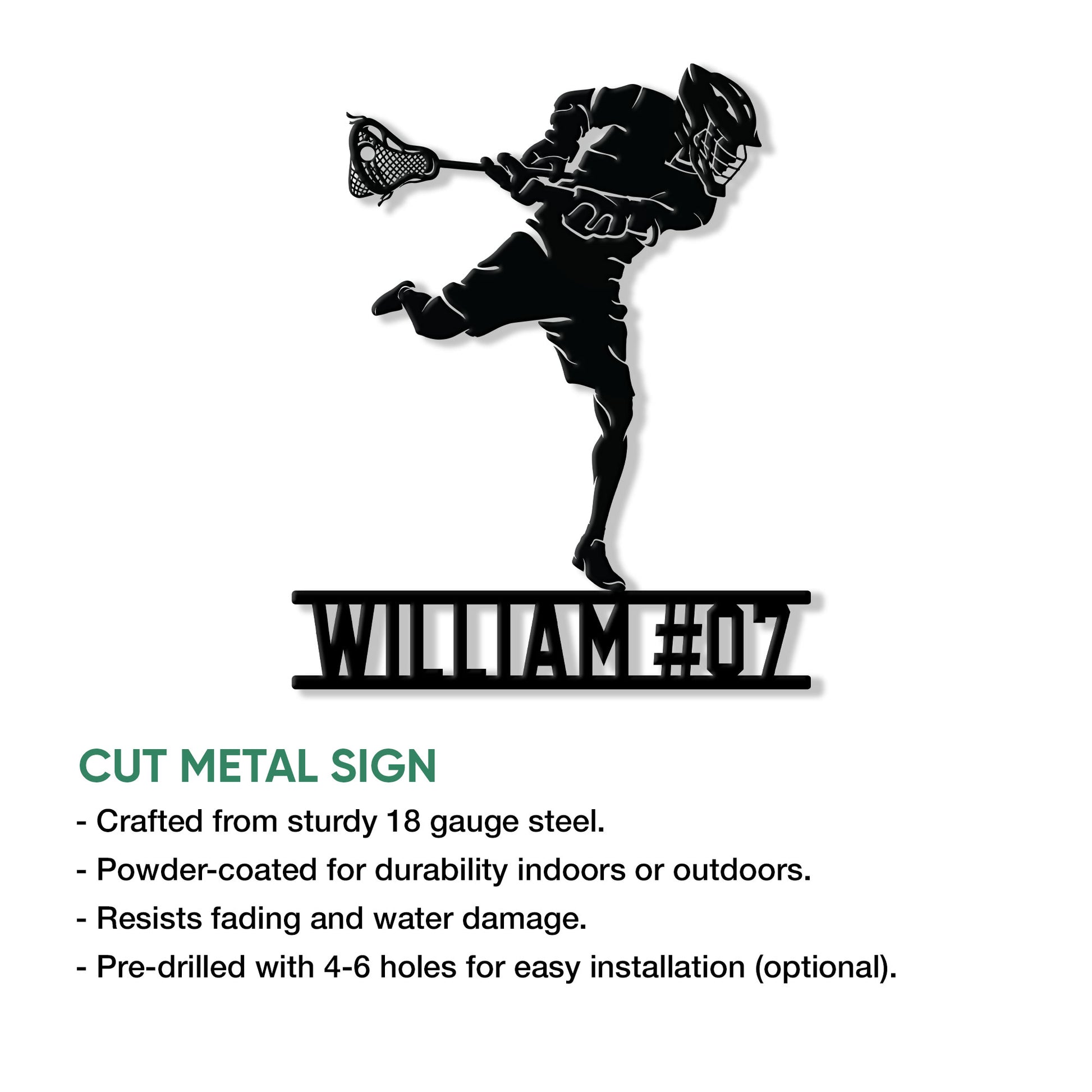 Cut metal lacrosse sign showing an athletic player silhouette and detailed lacrosse stick design