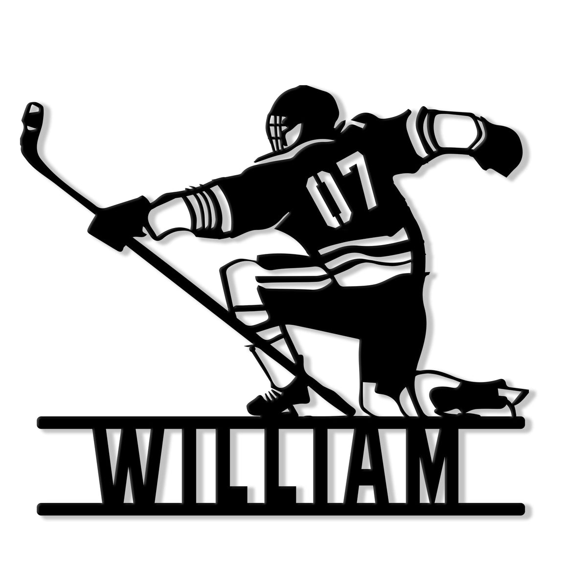 Custom hockey metal sign featuring a silhouetted ice hockey player taking a powerful shot