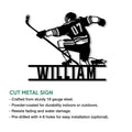 Hockey player silhouette metal sign shown with cut-metal construction and installation details