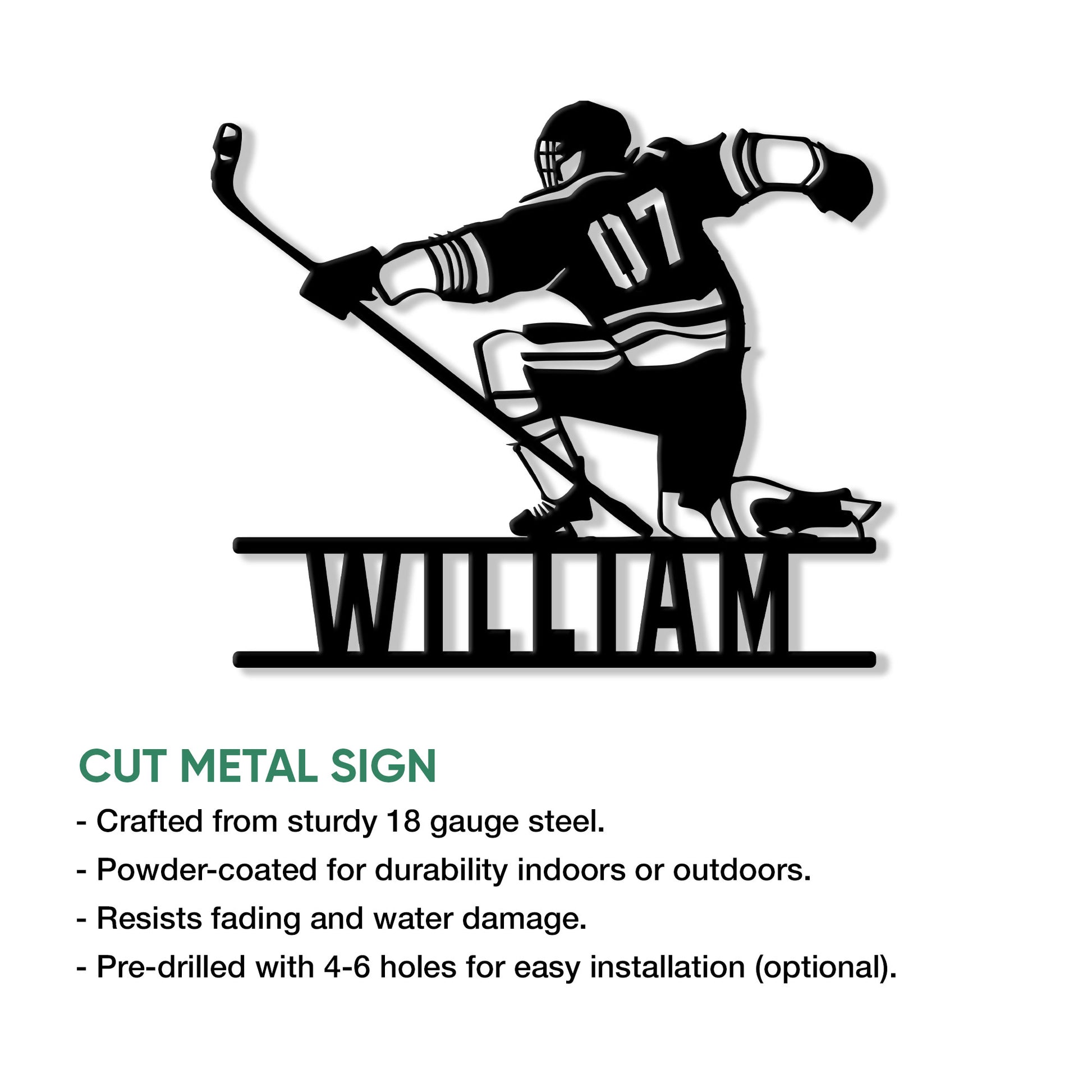 Hockey player silhouette metal sign shown with cut-metal construction and installation details