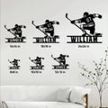 Hockey metal sign size guide showing multiple square size options on a living room wall
