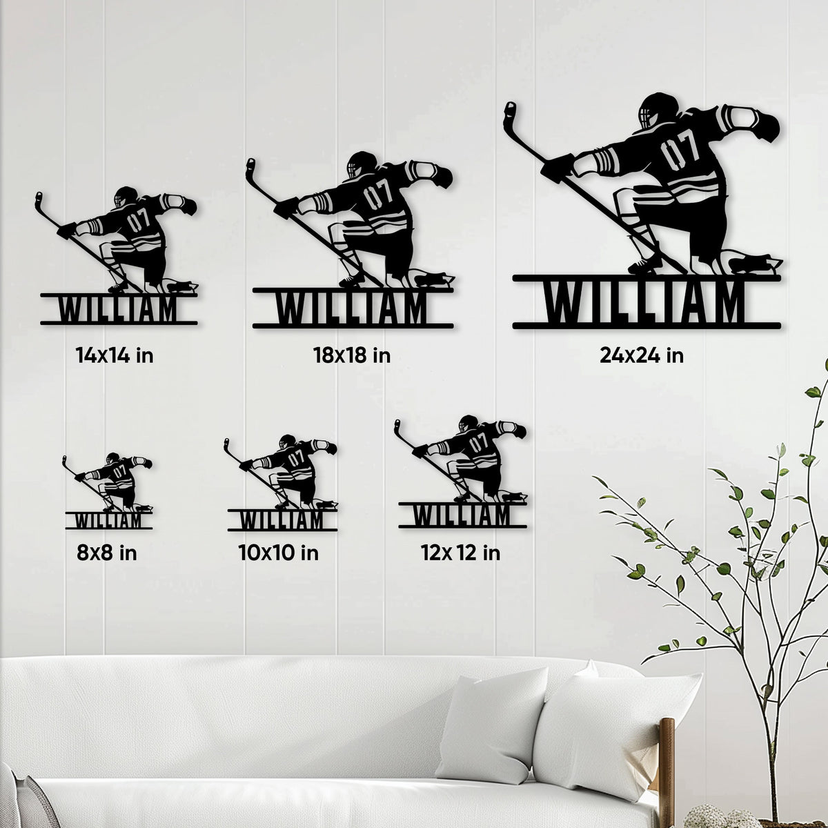 Hockey metal sign size guide showing multiple square size options on a living room wall
