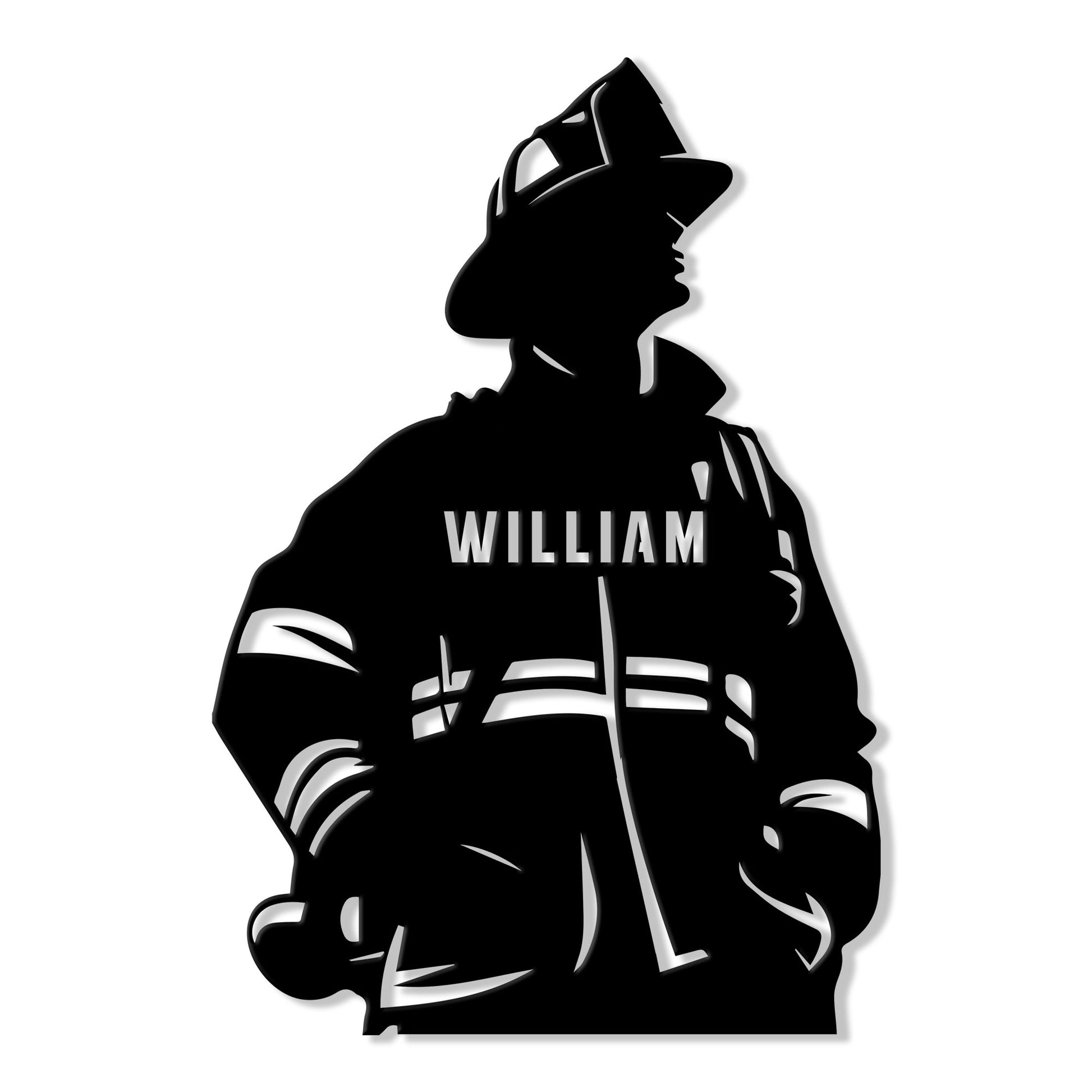 Custom firefighter metal sign featuring a bold silhouette of a firefighter in helmet and protective turnout gear
