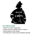 Firefighter cut metal sign showing a helmeted firefighter silhouette with reflective gear details