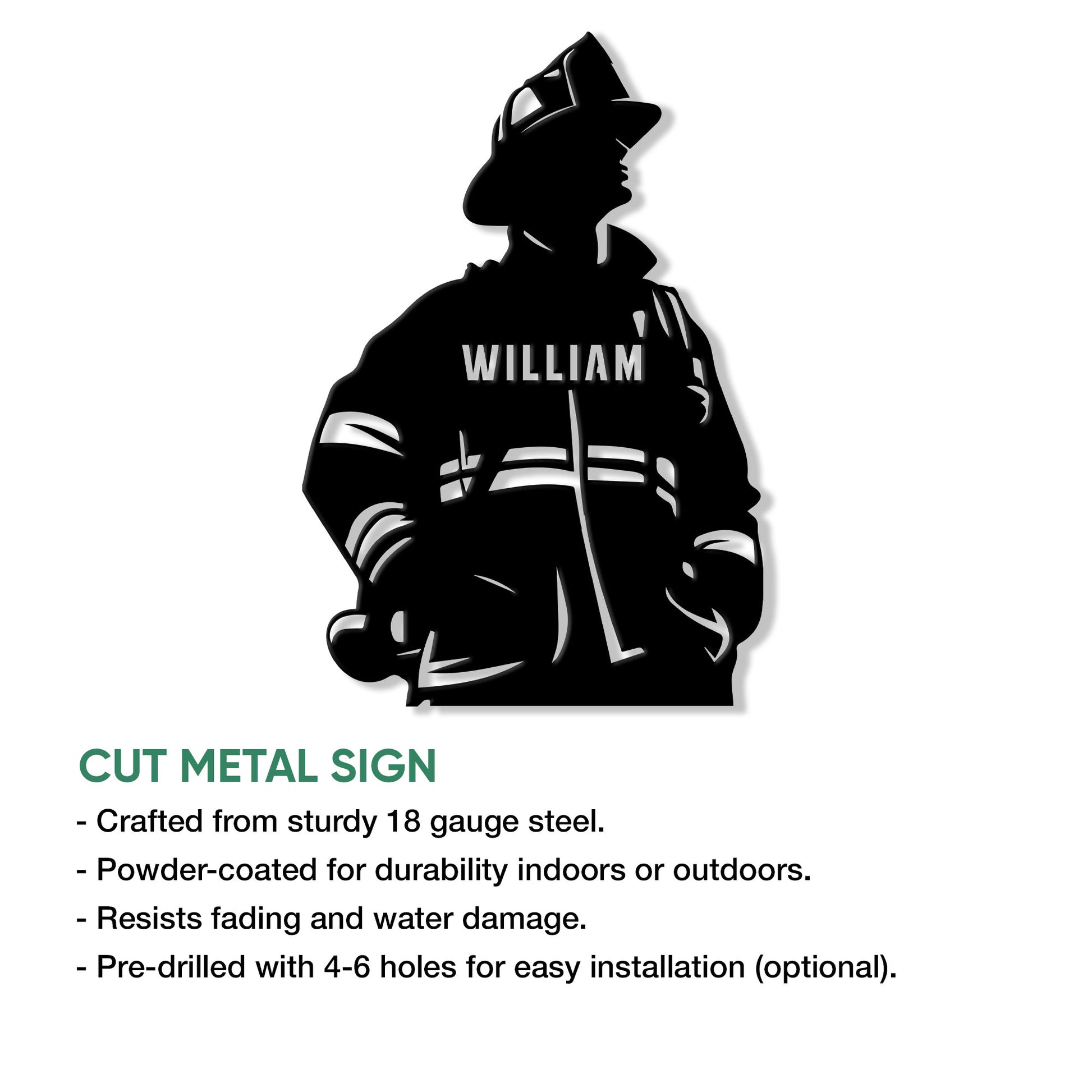 Firefighter cut metal sign showing a helmeted firefighter silhouette with reflective gear details