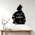 Firefighter wall sign displayed on a light paneled wall above a rustic console table