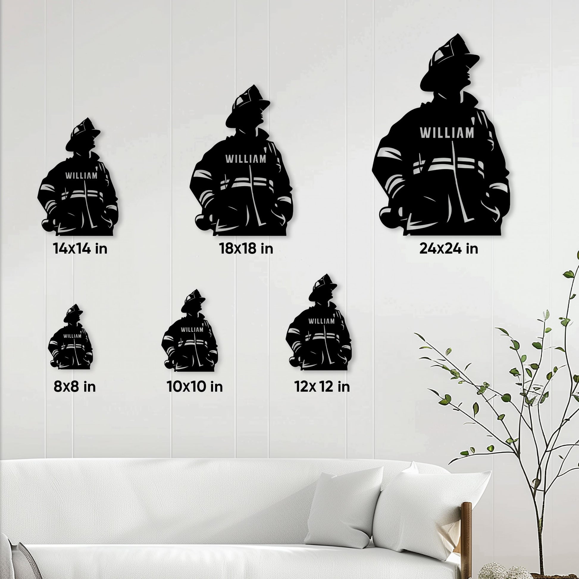 Firefighter metal sign size guide showing available square sizes from 8 by 8 to 24 by 24 inches