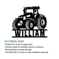 Tractor metal sign feature graphic showing a rugged farm tractor silhouette with cutout design details