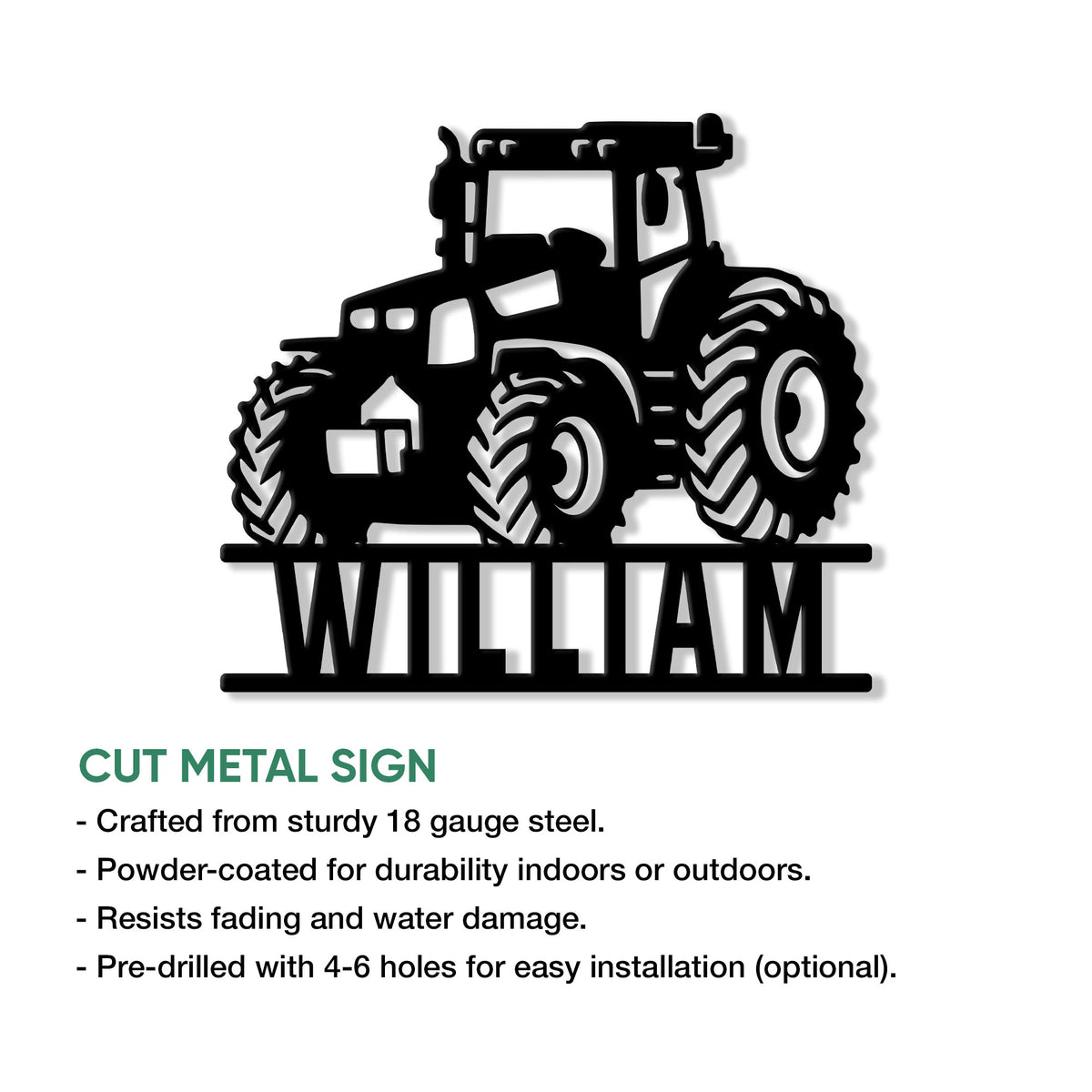 Tractor metal sign feature graphic showing a rugged farm tractor silhouette with cutout design details