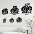 Tractor metal sign size guide showing several available square size options in a home decor setting