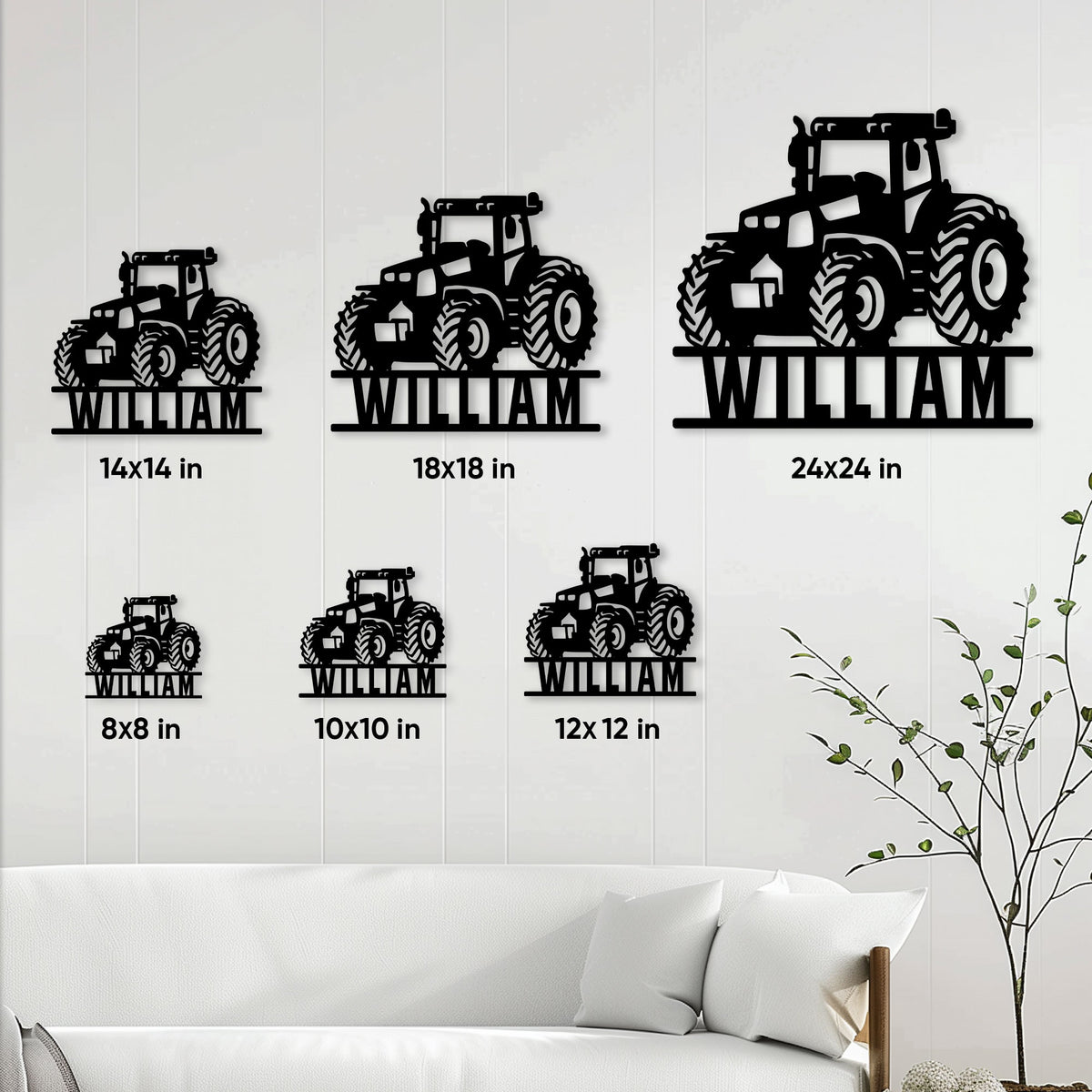 Tractor metal sign size guide showing several available square size options in a home decor setting