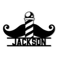 Custom barber metal sign featuring a bold mustache, striped barber pole, and classic barbershop design