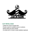 Barber mustache metal sign product graphic showing the cut-steel design and available indoor or outdoor use
