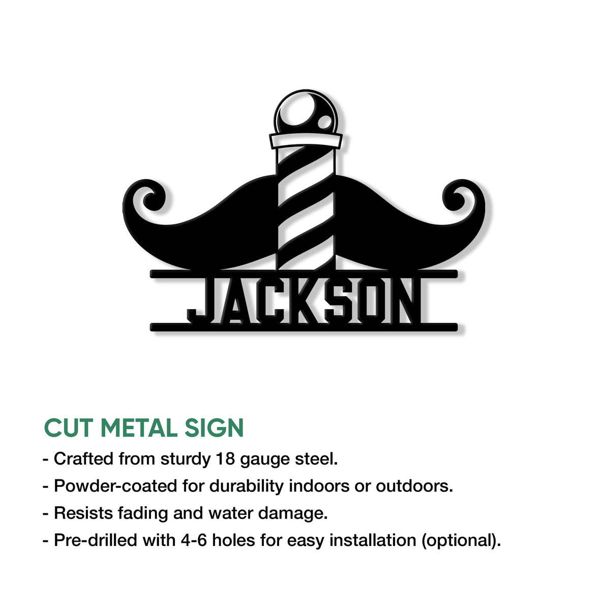 Barber mustache metal sign product graphic showing the cut-steel design and available indoor or outdoor use