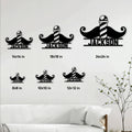 Barber metal sign size guide showing mustache and barber pole designs in multiple square sizes