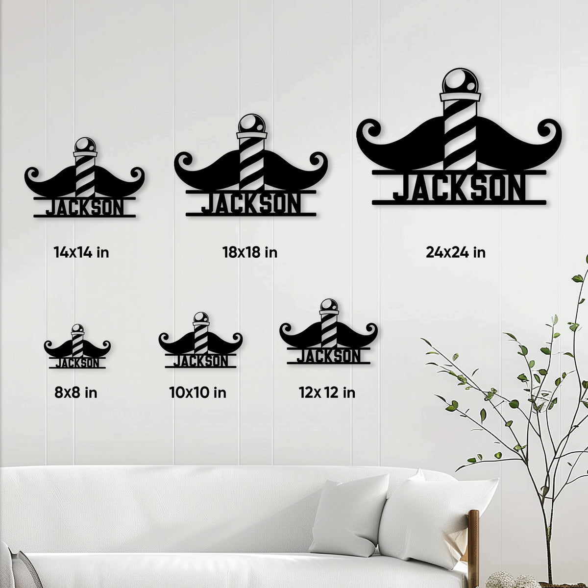 Barber metal sign size guide showing mustache and barber pole designs in multiple square sizes
