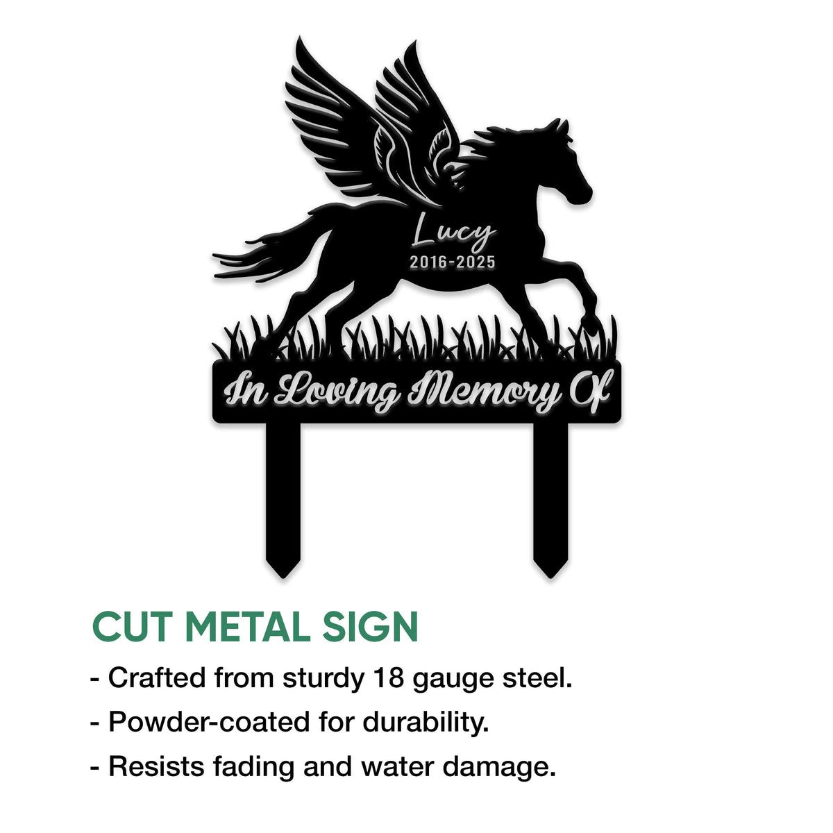Black cut-metal horse memorial sign with winged horse silhouette and garden stake design