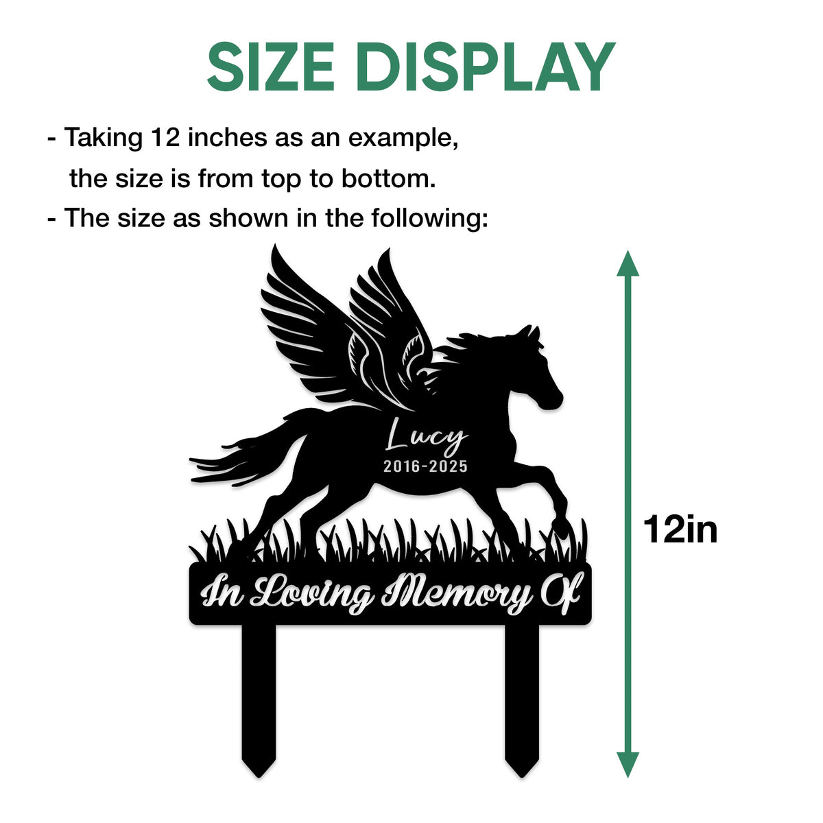 Horse memorial metal sign size guide showing vertical measurement from top to bottom