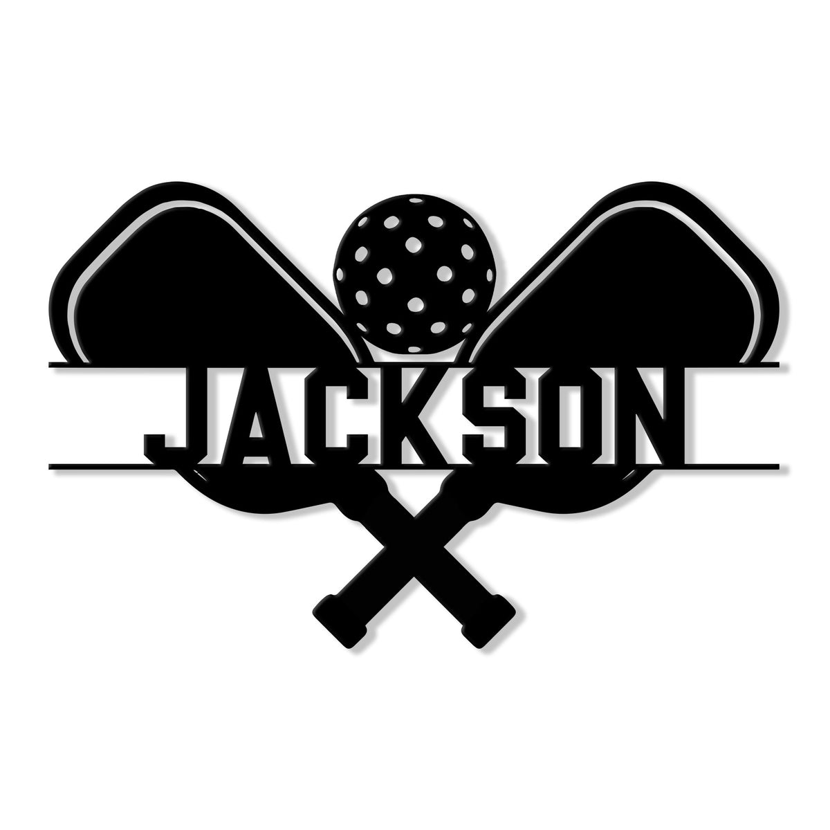 Pickleball metal sign featuring crossed paddles, a dotted ball, and a bold cutout design