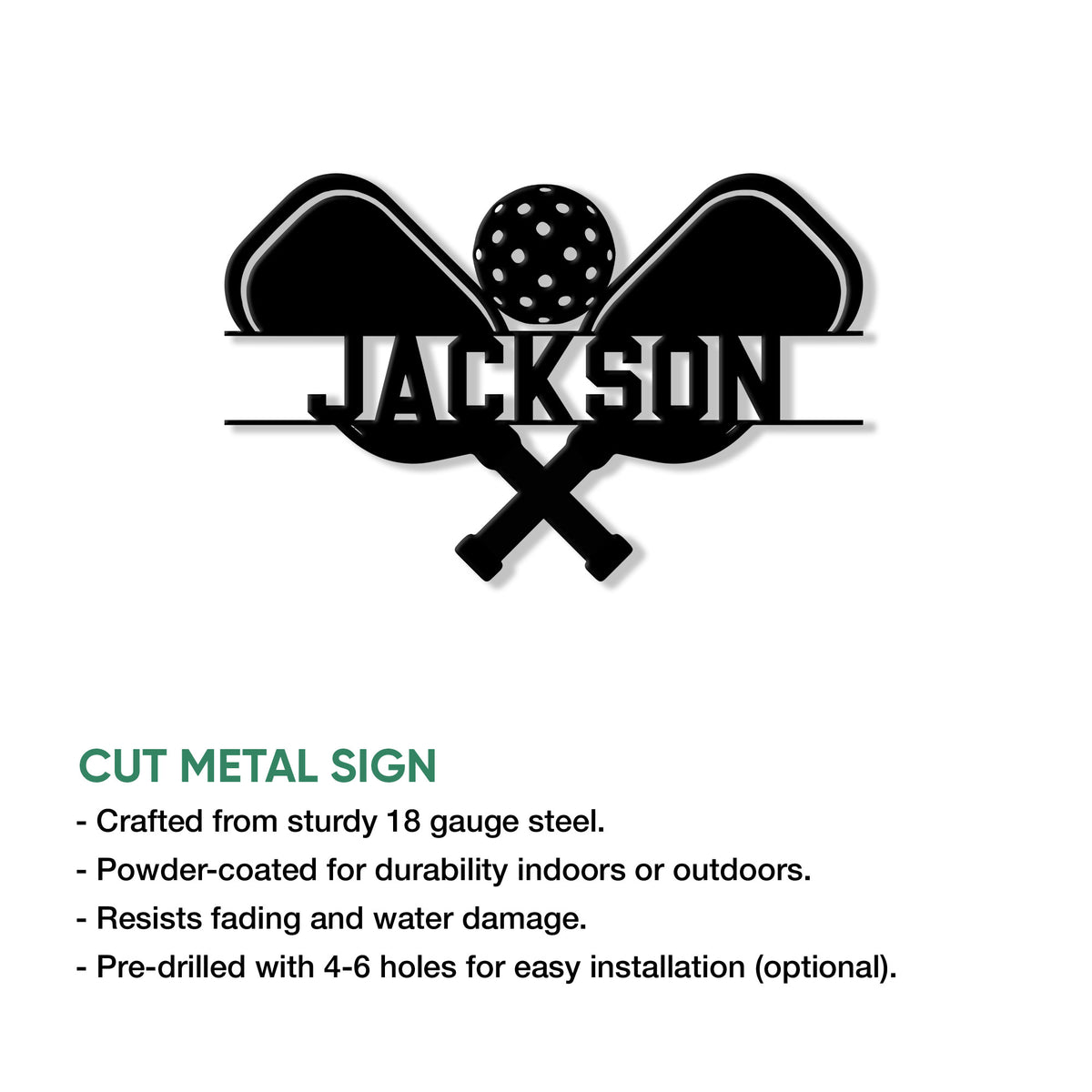 Pickleball metal sign feature graphic highlighting cut-steel construction and installation options
