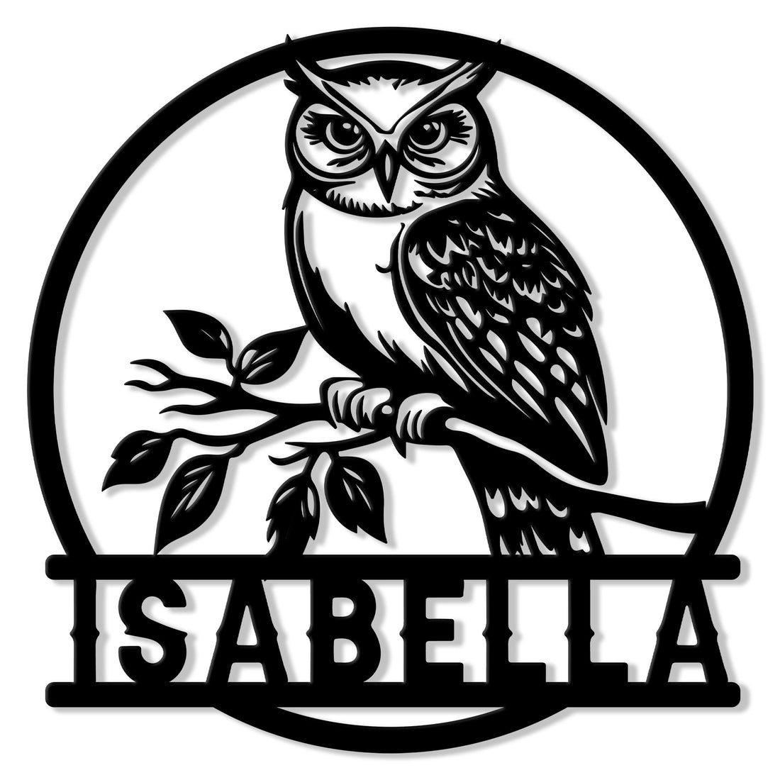 Detailed black owl metal sign perched on a leafy branch inside a circular frame