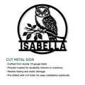 Owl cut metal sign feature graphic showing the circular design and available size options