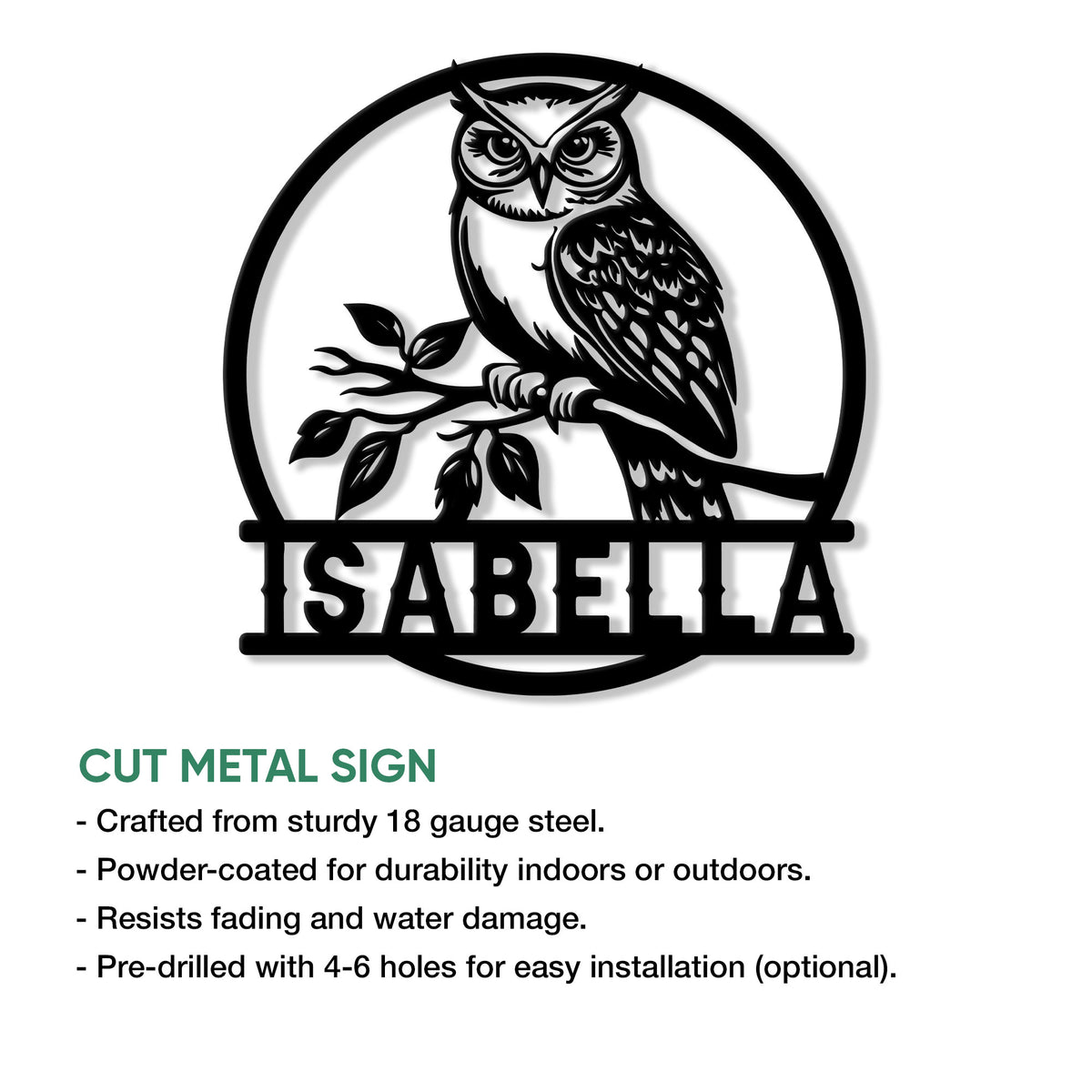 Owl cut metal sign feature graphic showing the circular design and available size options