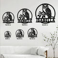 Owl metal sign size guide showing multiple circular sign sizes in a bright living room