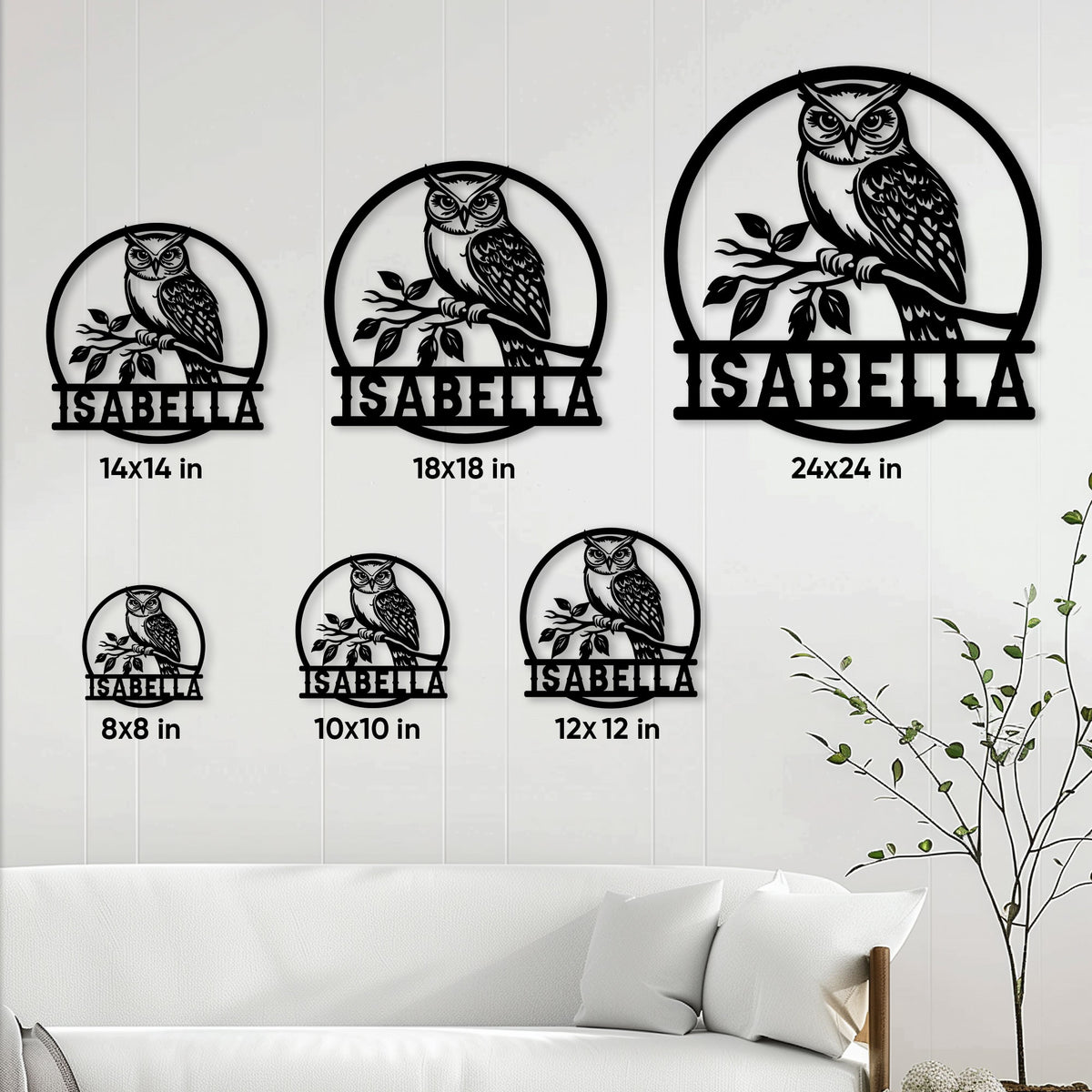 Owl metal sign size guide showing multiple circular sign sizes in a bright living room