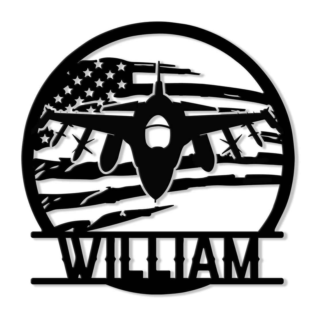 Custom veteran metal sign featuring a front-facing fighter jet over a distressed American flag design