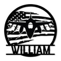 Custom veteran metal sign featuring a front-facing fighter jet over a distressed American flag design
