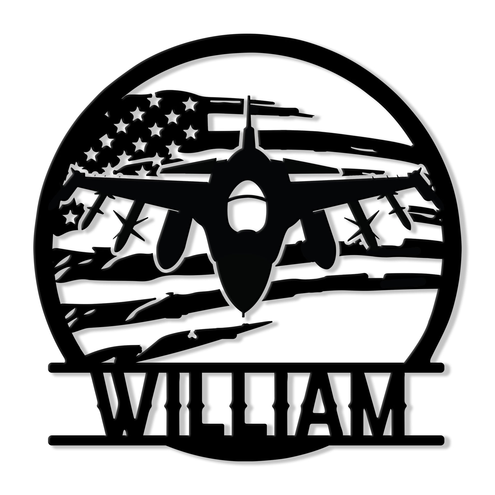 Custom veteran metal sign featuring a front-facing fighter jet over a distressed American flag design