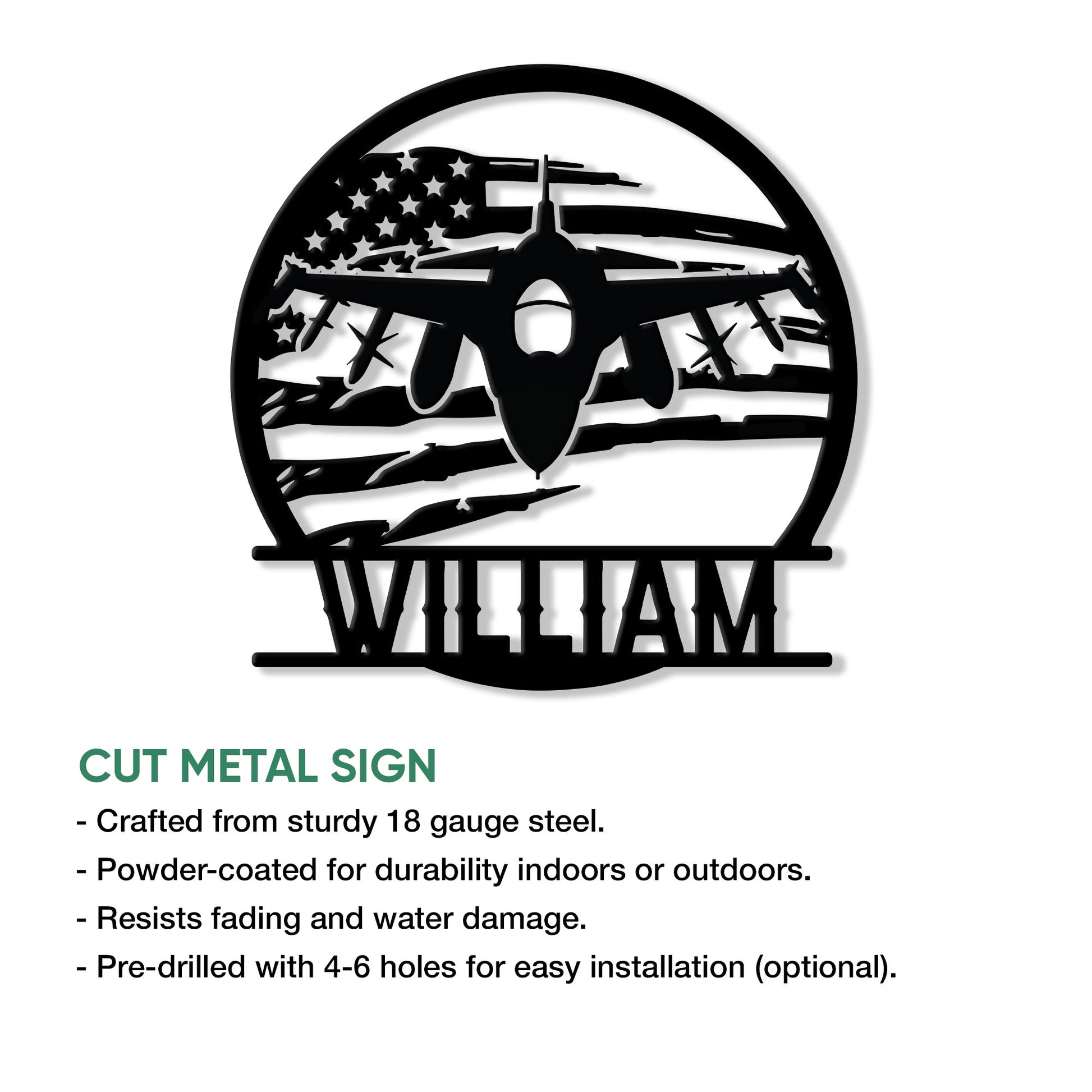 Fighter jet veteran metal sign shown with cut-metal design and indoor or outdoor display features
