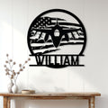 Veteran fighter jet metal sign displayed as patriotic wall decor in a bright home entryway