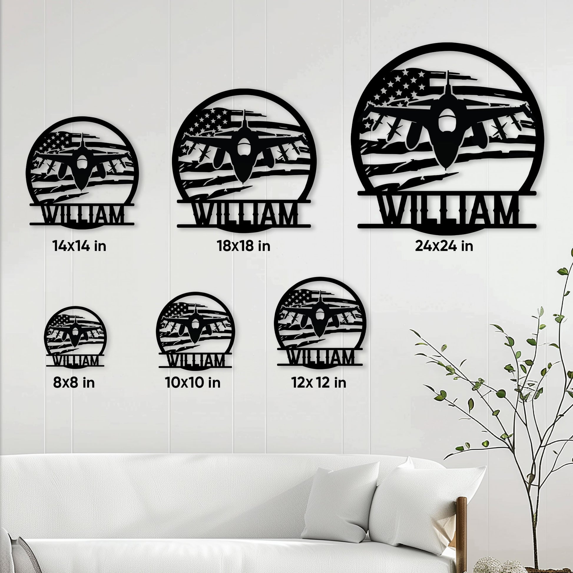 Veteran fighter jet metal sign size guide showing six available square dimensions