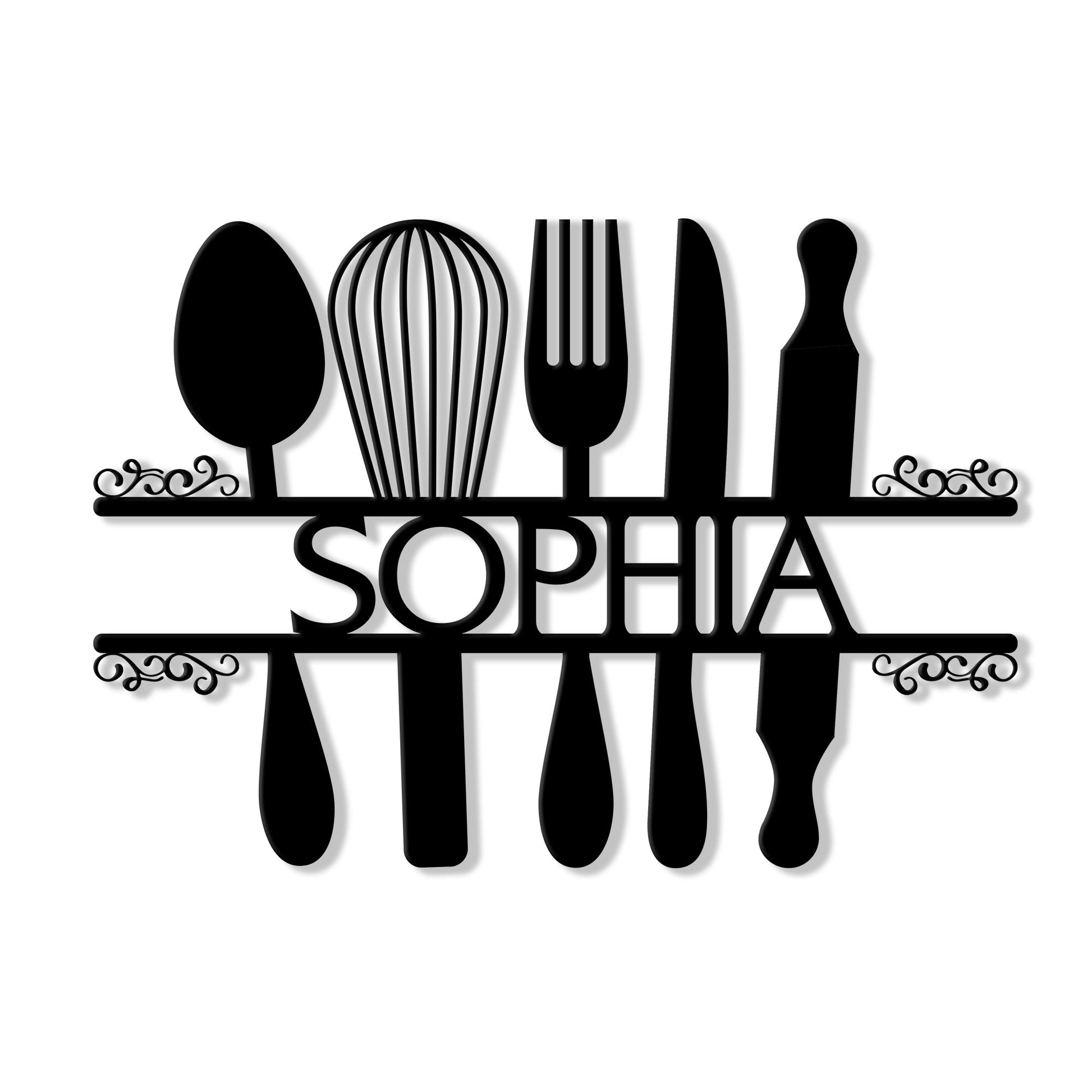 Custom kitchen metal sign with spoon, whisk, fork, knife, and spatula silhouettes
