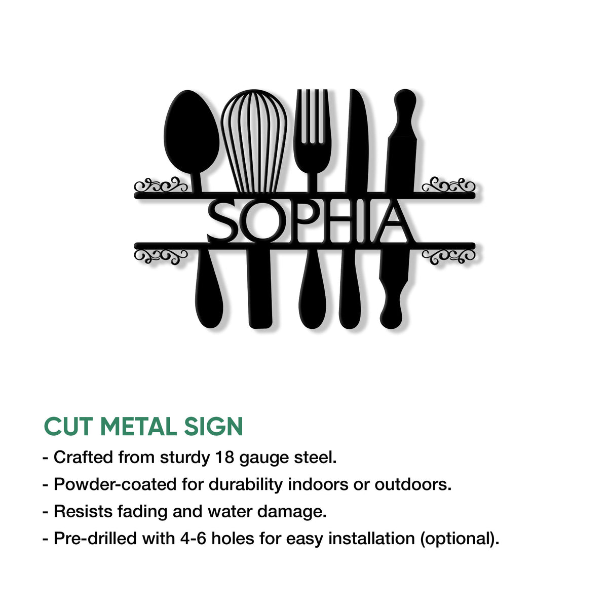 Kitchen utensil metal sign displayed as a cut-metal wall decor design