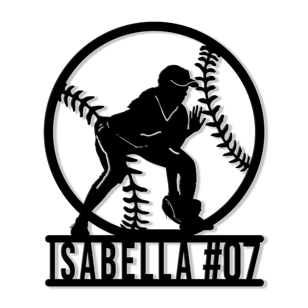 Custom softball metal sign featuring a silhouetted player fielding a ball inside a circular frame